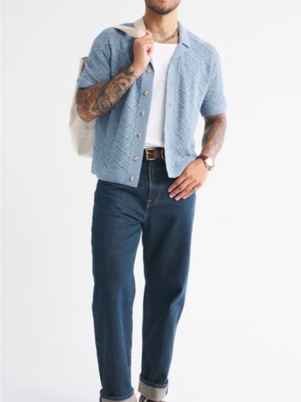 Abercrombie & Fitch Light Blue Crochet-Style Button-Up Sweater Polo